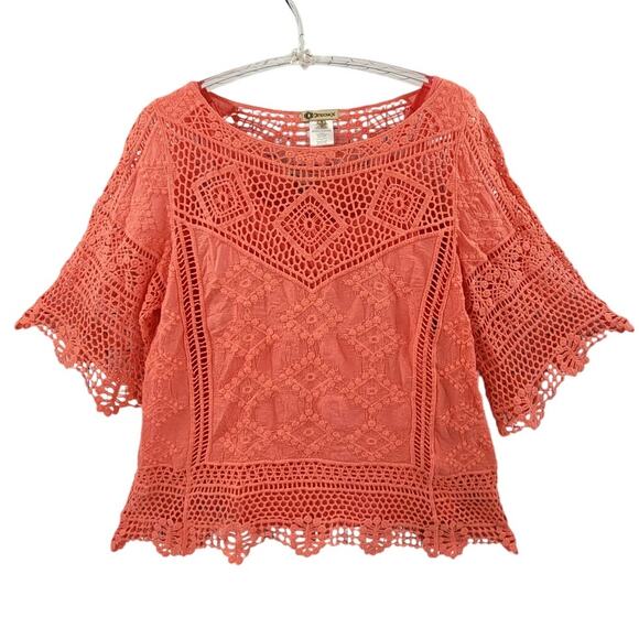 Democracy Vintage 80s Pink Coral Lace Embroidered Blouse 3/4 Sleeve Bohemian - Picture 1 of 13